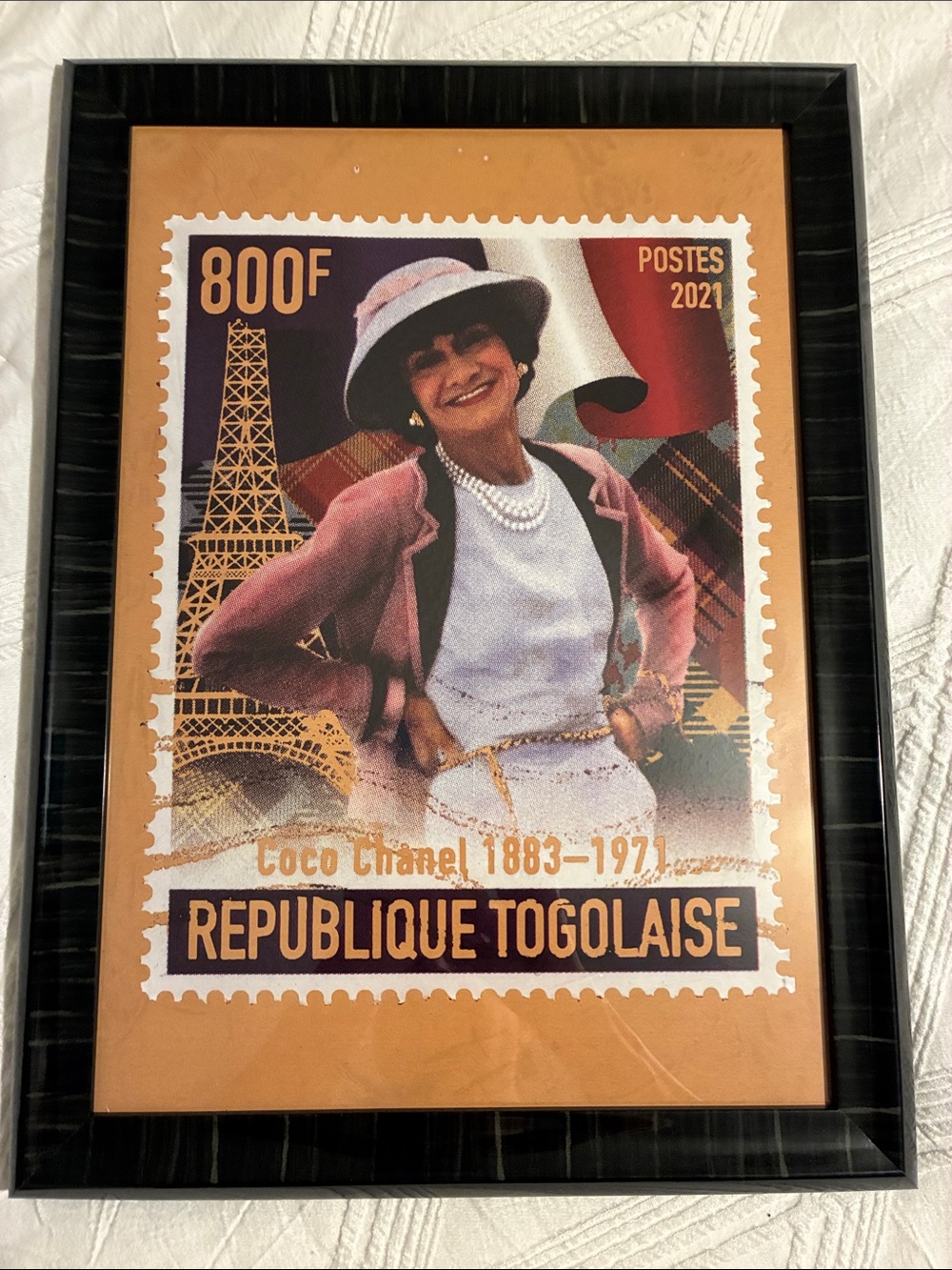 Coco Chanel Stamp Art Print Framed - Orange, Black, White nwot
